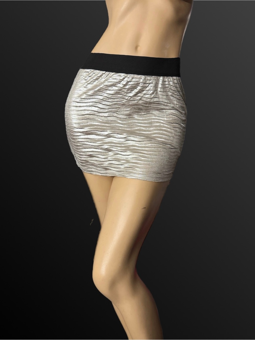 Metallic Textured Mini Skirt with Black Waistband